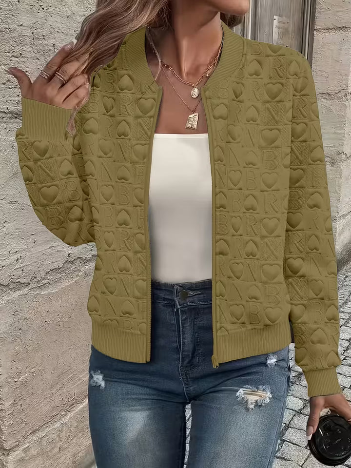 Lojina - Embossed Heart Pattern Zip-Up Jacket