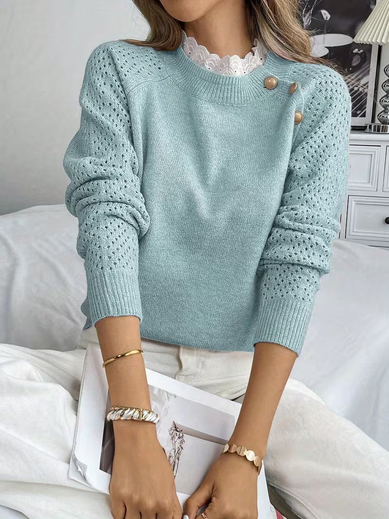 Oliwiaa - Lace Round Neck Long Slevee Sweater