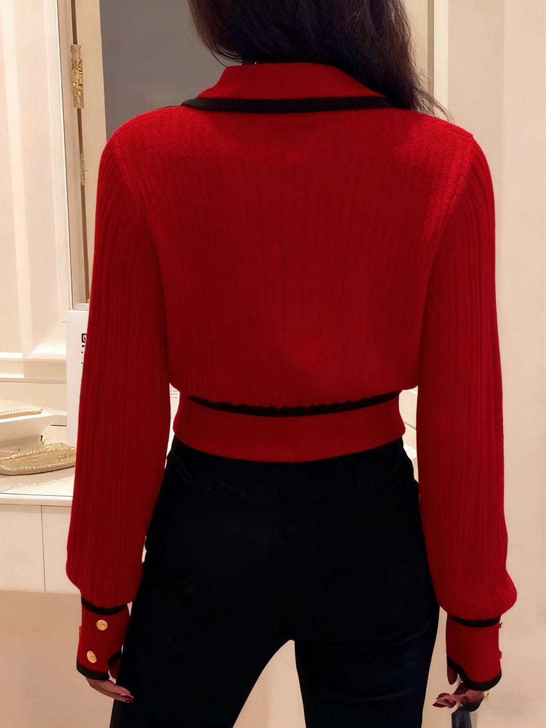 Dilnaz - Long Sleeve Contrast Trim Button Sweater