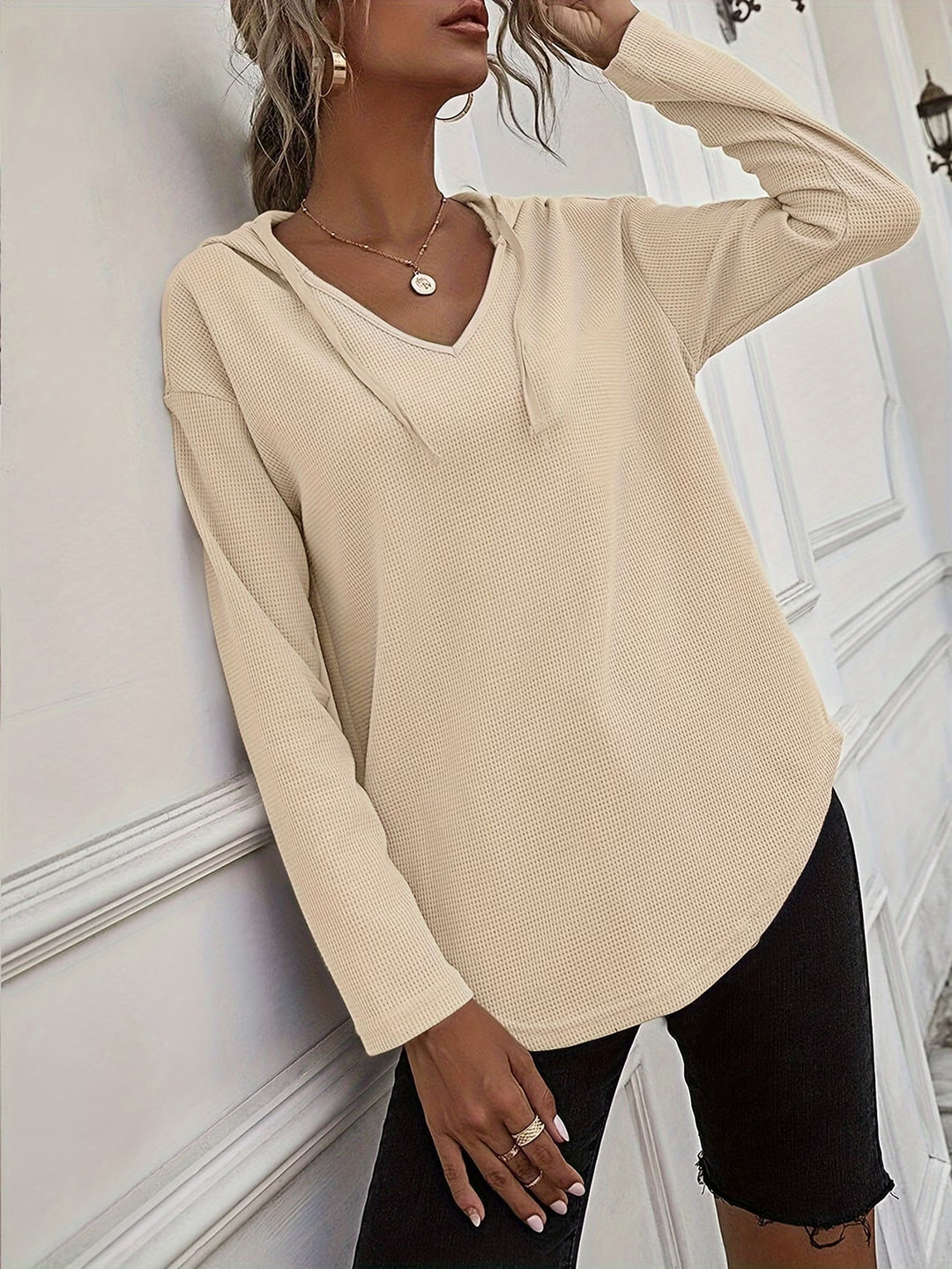 Seonie - Long Sleeve V Neck Hoodie