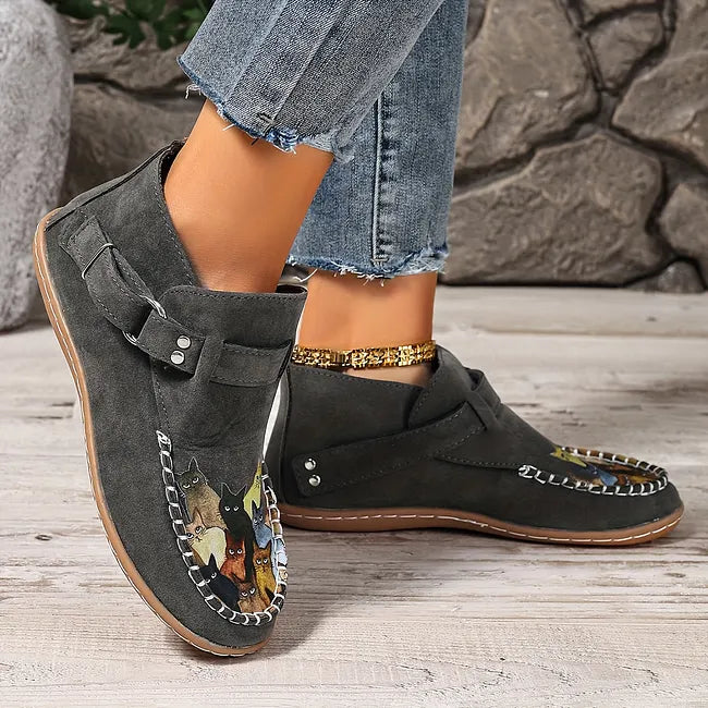 Viktoriy - Cat Print Flat Ankle Boots with Buckle