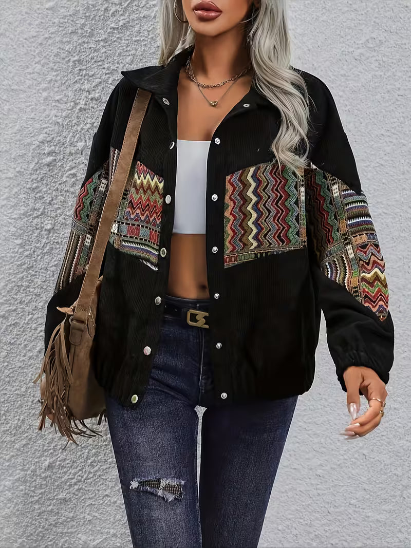 Denyque - Jacket with Multicolor Geometric Patchwork and Lapels