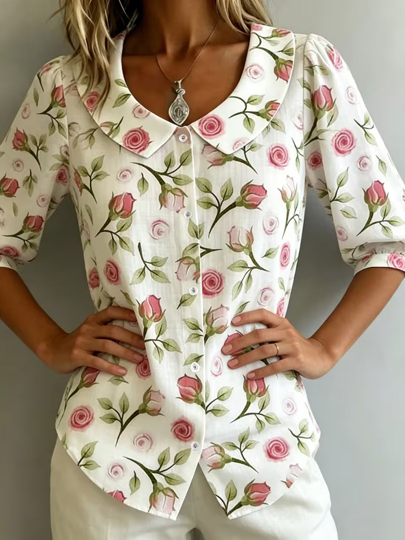 Alvique - Floral Print Collar Short Sleeve Blouse