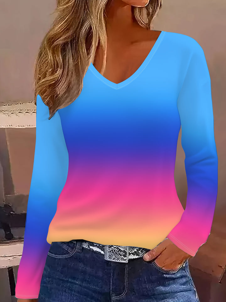 Samli  - V-Neck Gradient Color Pattern Long Sleeve T-Shirt