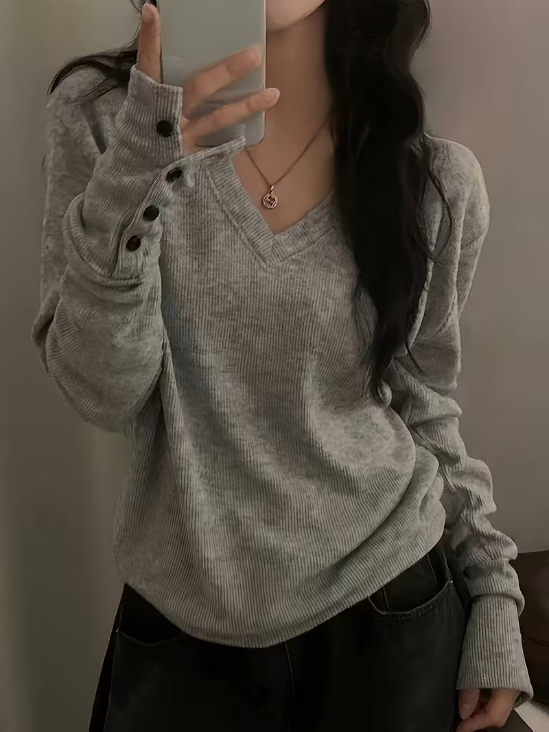 Kebina - V-neck Ribbed Button Cuff Sweater