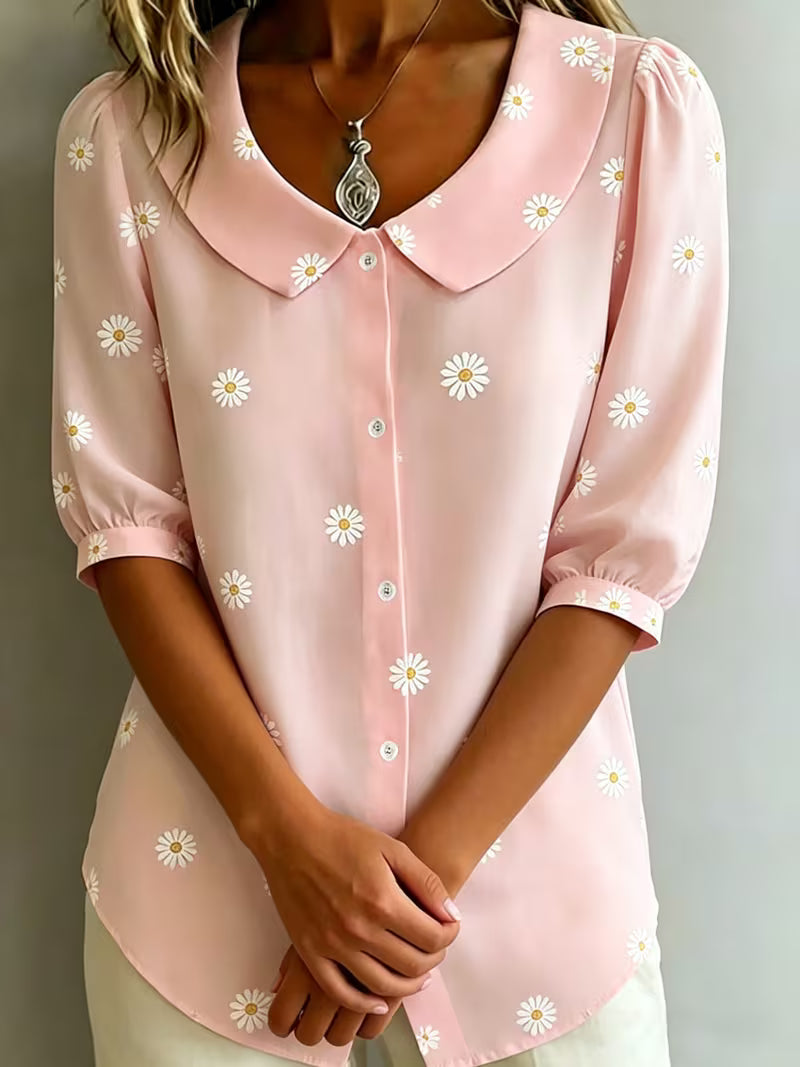 Alvique - Floral Print Collar Short Sleeve Blouse