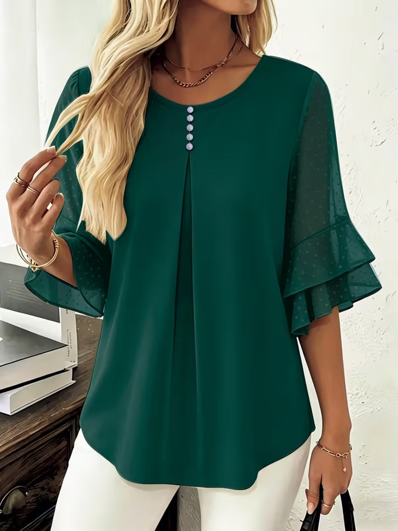 Hurley - Round Neck Blouse With Sheer Ruffle Sleeves