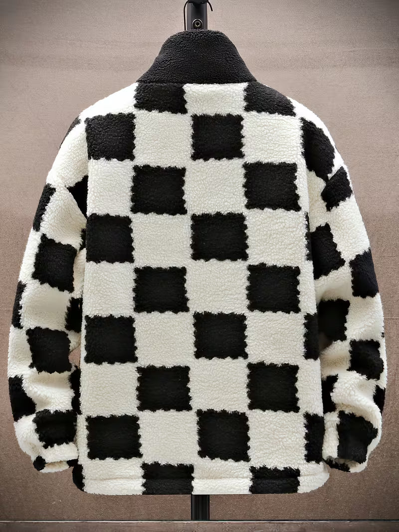 Melany - Hooded Zip Up Checkered Fleece Jacket