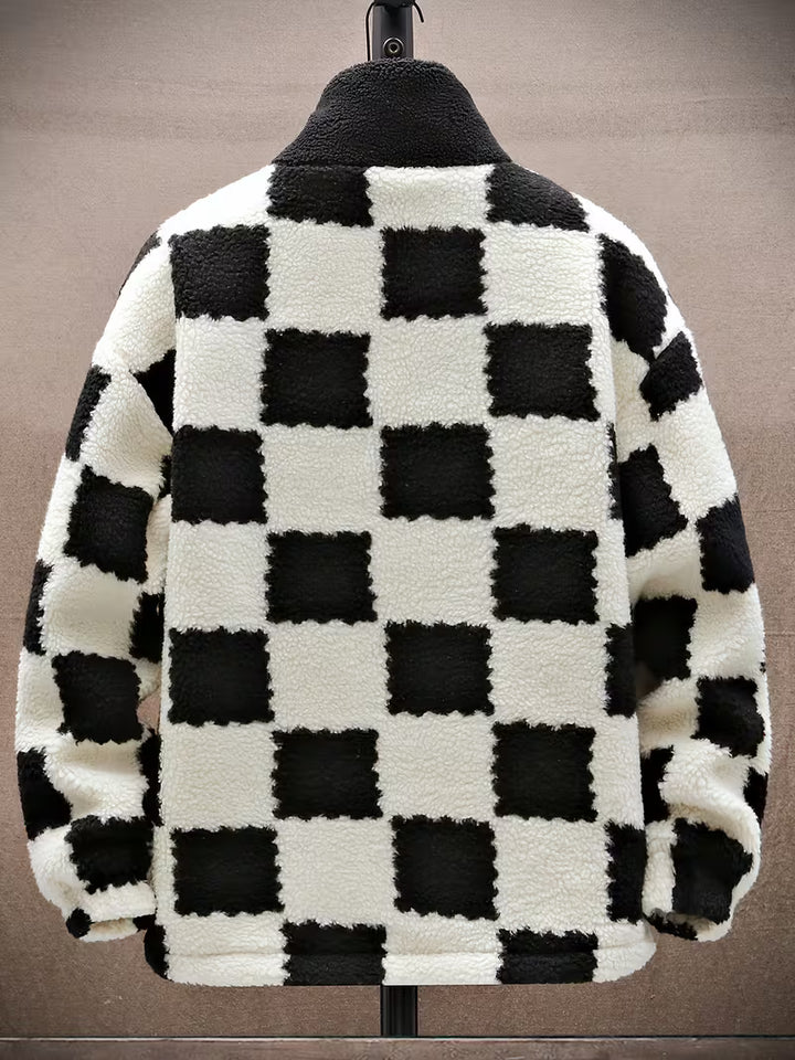 Melany - Hooded Zip Up Checkered Fleece Jacket