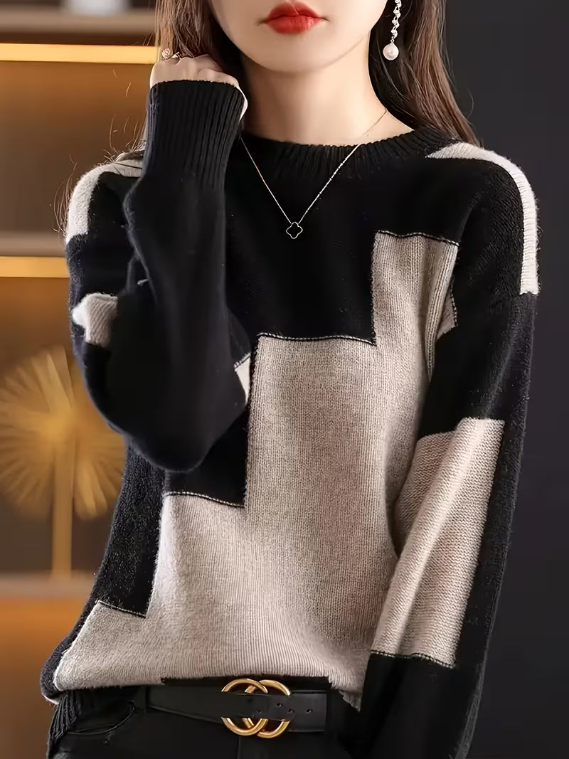 Marvelle - Color Block Crew Neck Long Sleeve Sweater