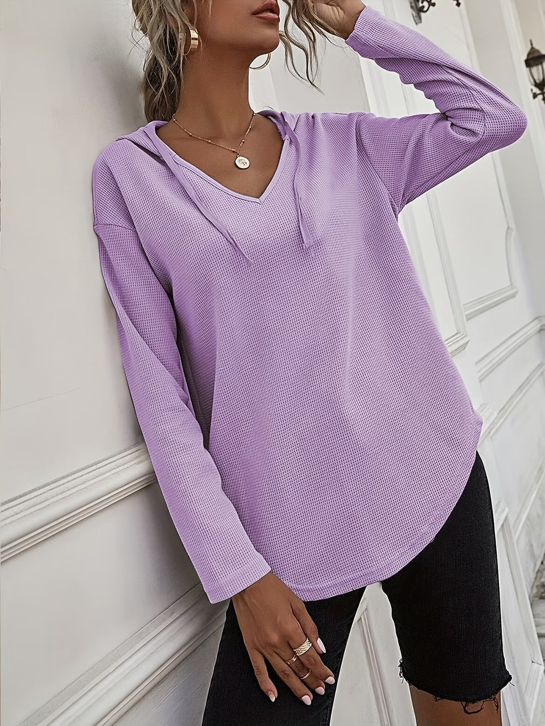 Seonie - Long Sleeve V Neck Hoodie