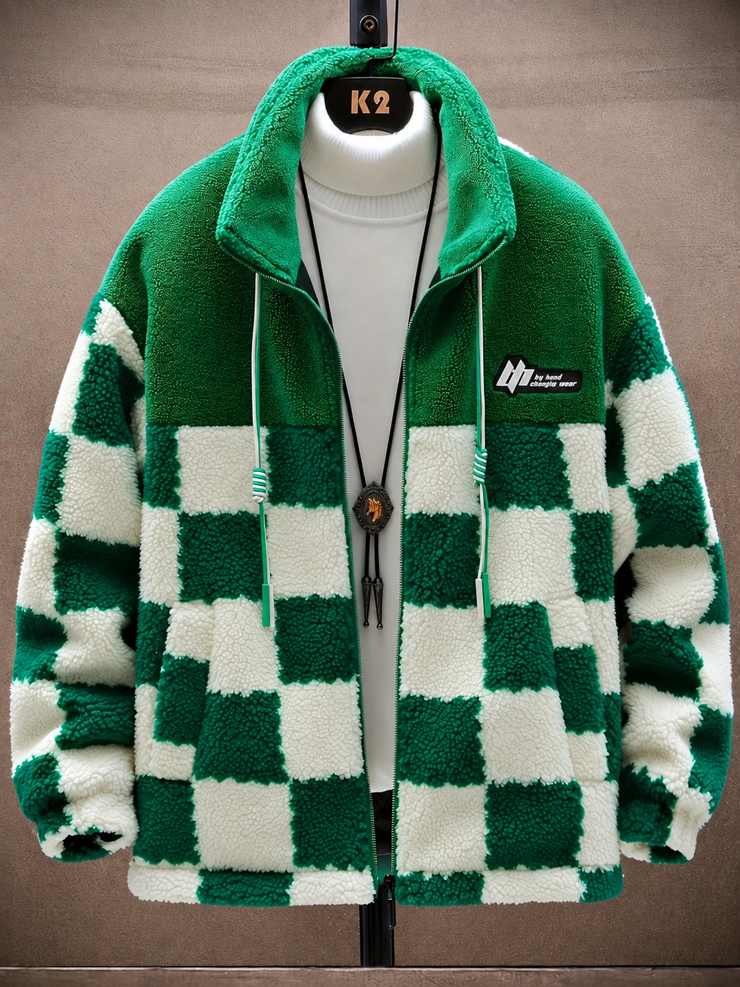 Melany - Hooded Zip Up Checkered Fleece Jacket