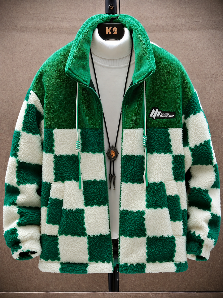 Melany - Hooded Zip Up Checkered Fleece Jacket