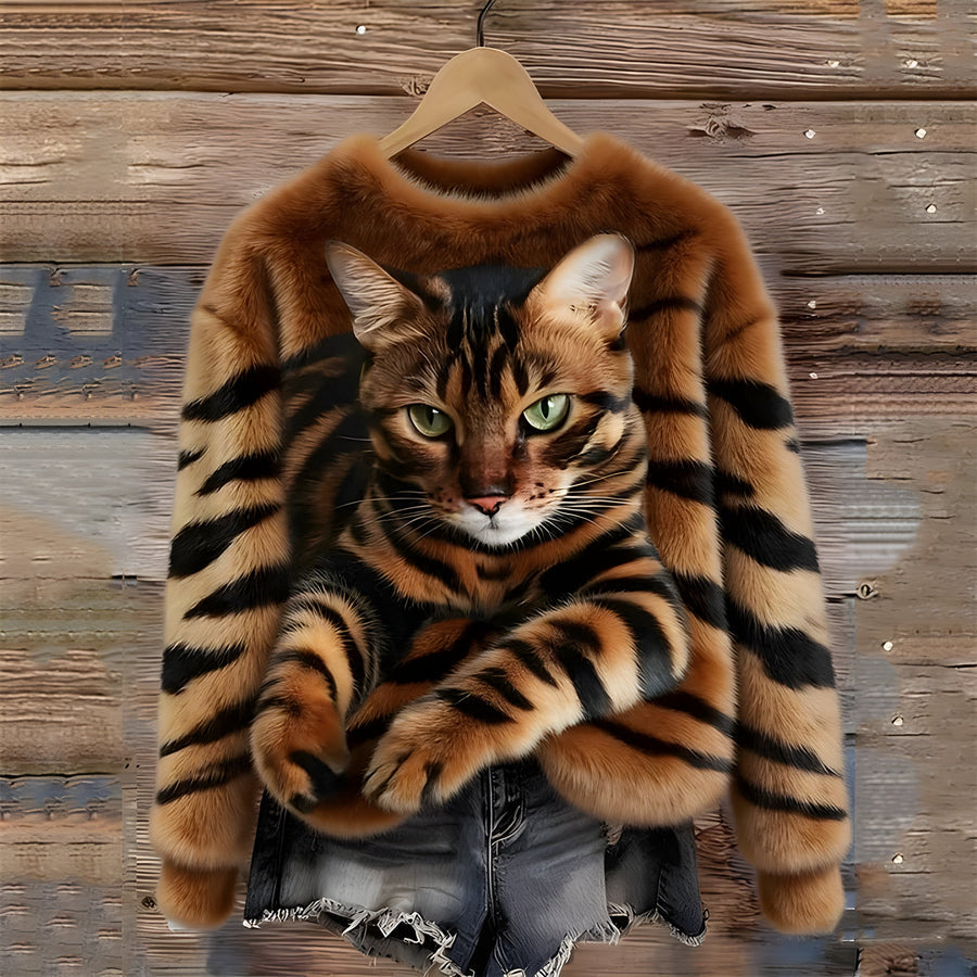Zohara - Faux Fur Sweater With Cat Print