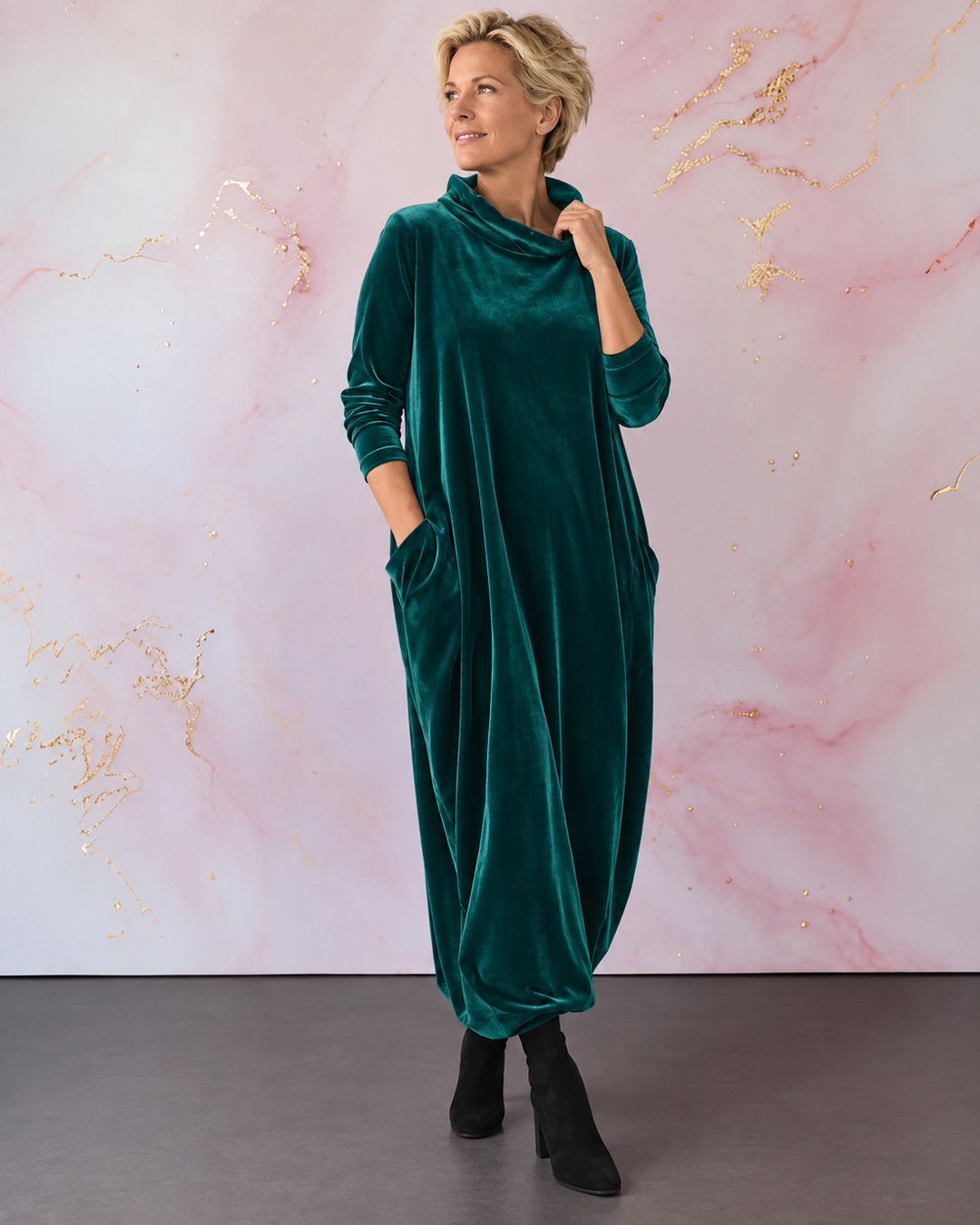 Lellina - Velvet High Neck Loose Fit Maxi Dress
