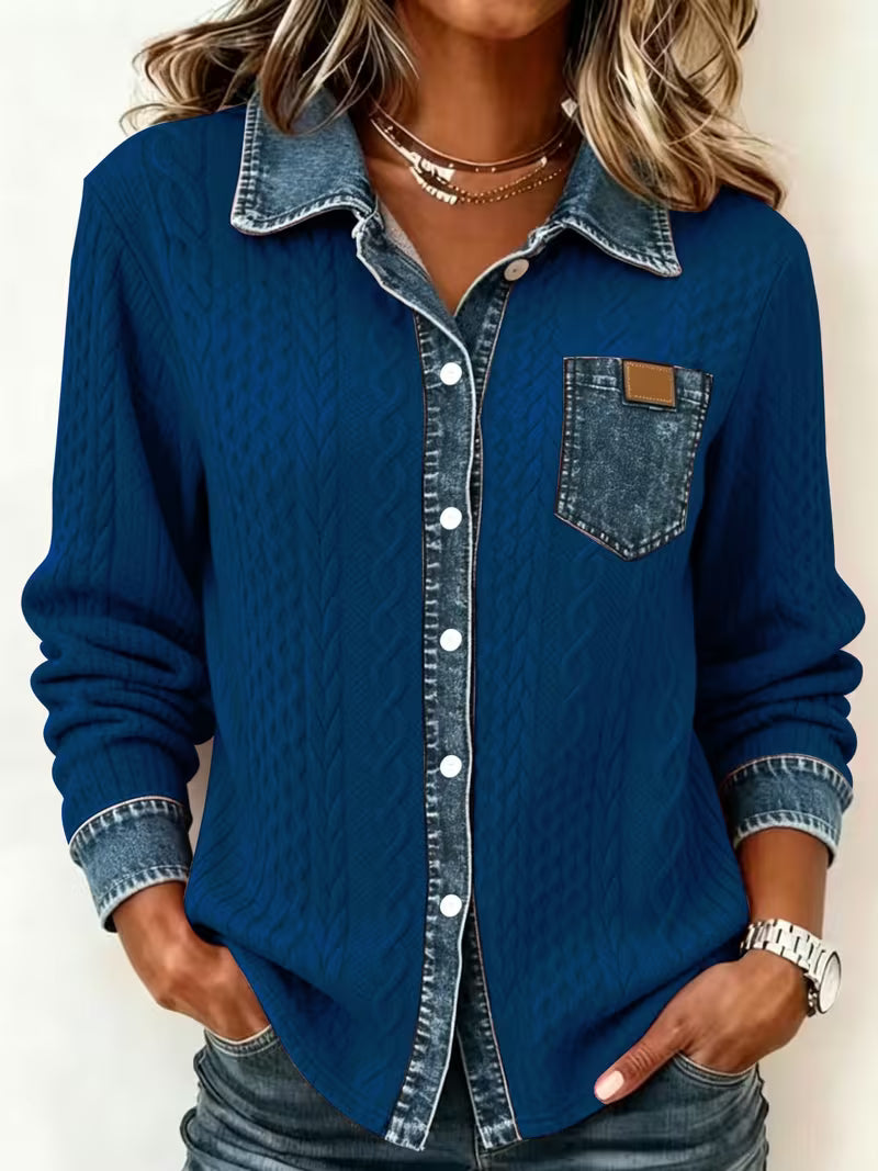 Eryna - Long Sleeve Cable Knit Shirt with Denim Collar