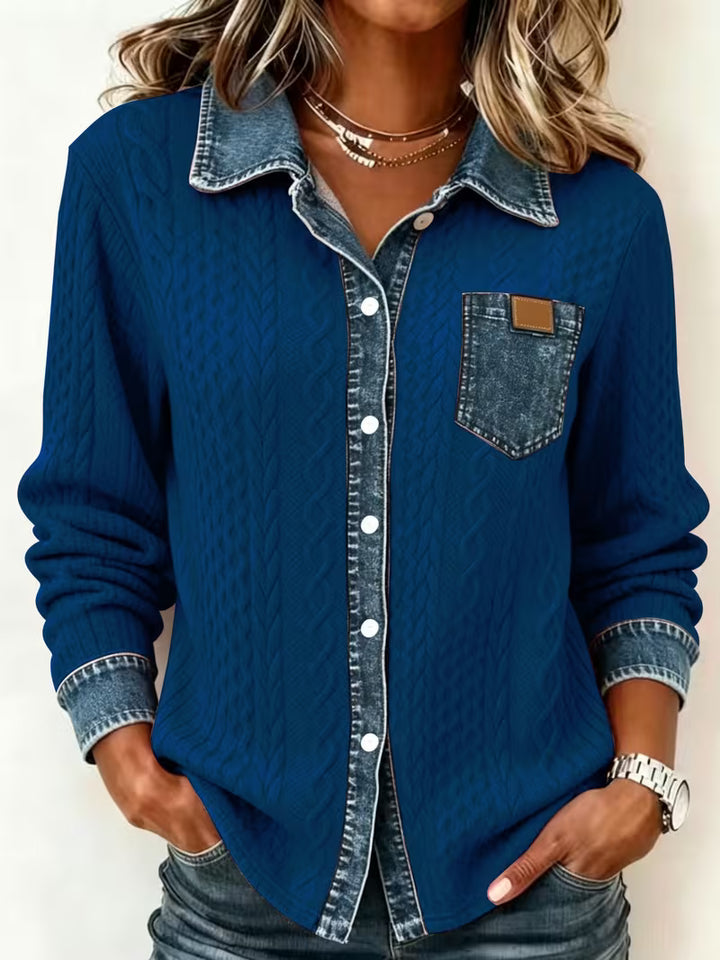 Eryna - Long Sleeve Cable Knit Shirt with Denim Collar