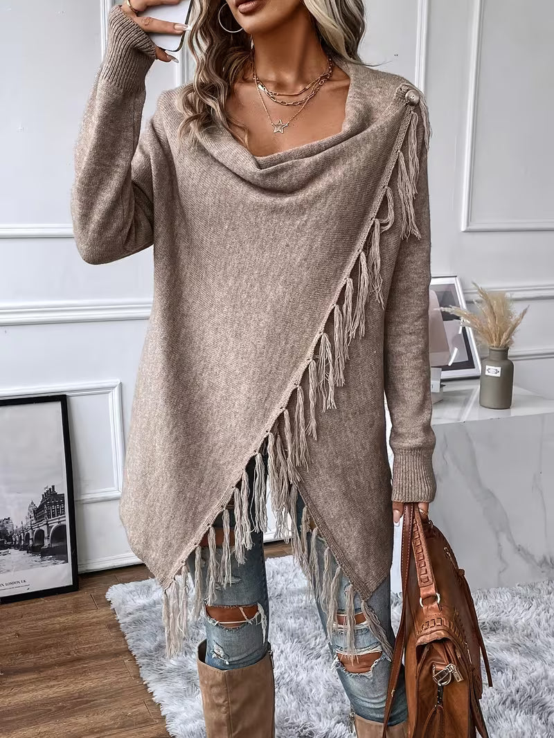 Busra - Draped Neck Cardigan With Fringed Trim
