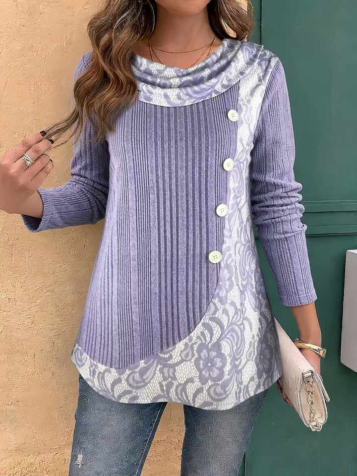 Lucynda - Ribbed Long Sleeve Printed Button Detail Top