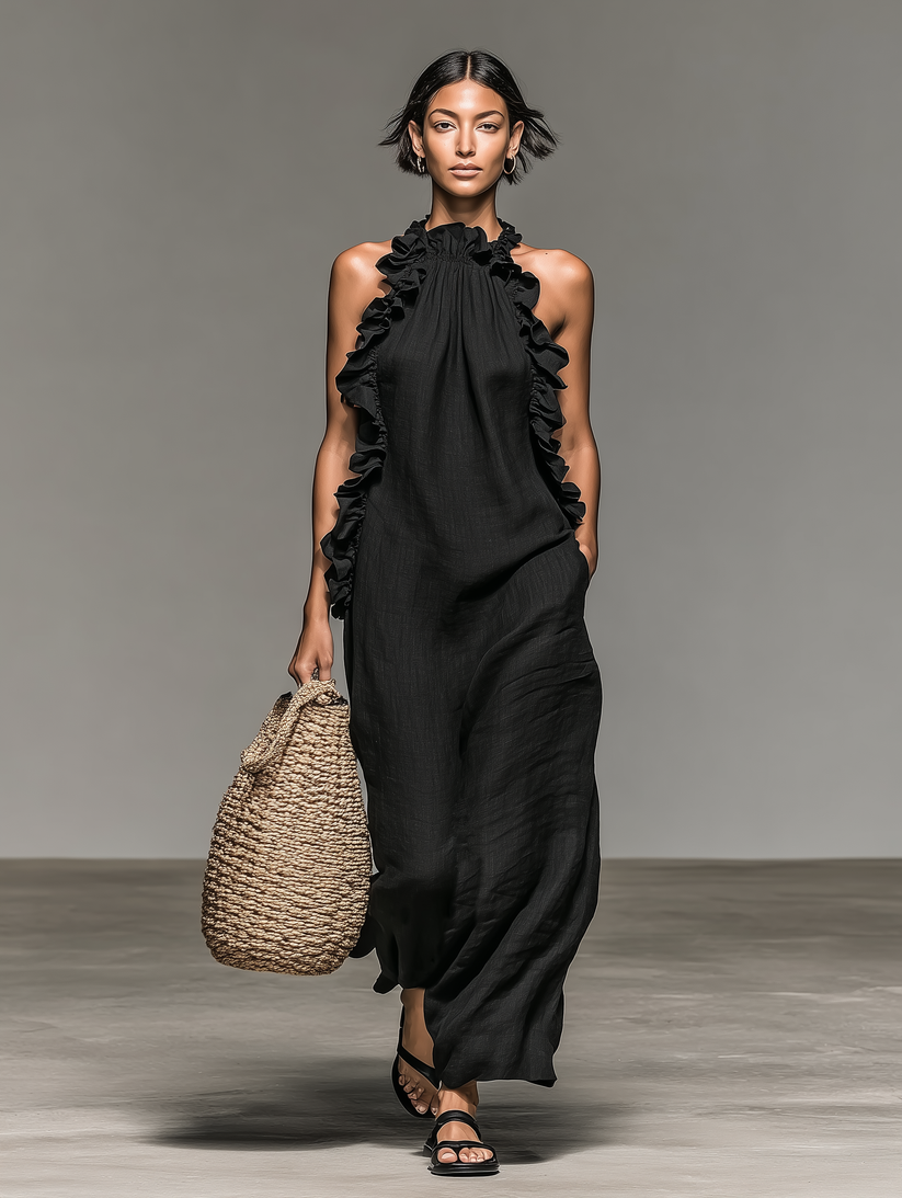 Fiora - Sleeveless Ruffle Halter Neck Long Dress With Pockets
