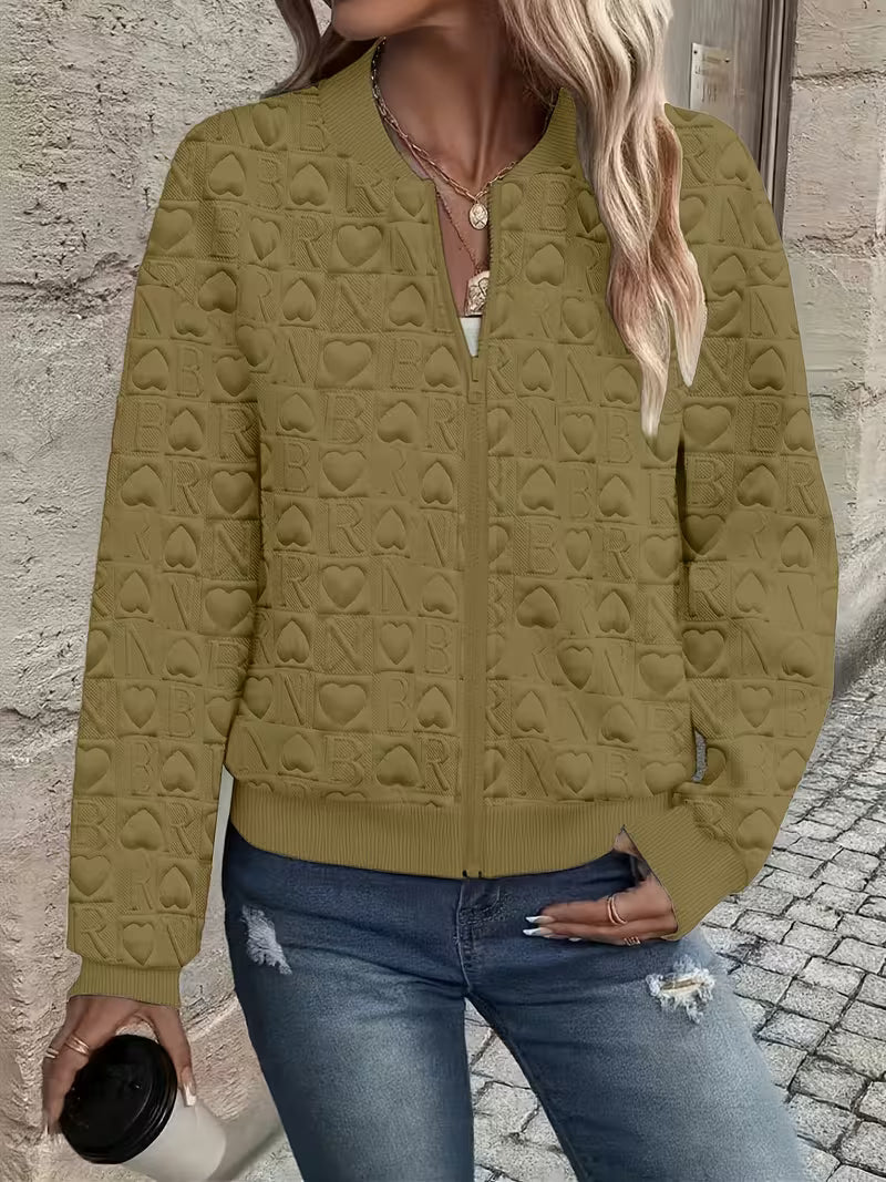 Lojina - Embossed Heart Pattern Zip-Up Jacket