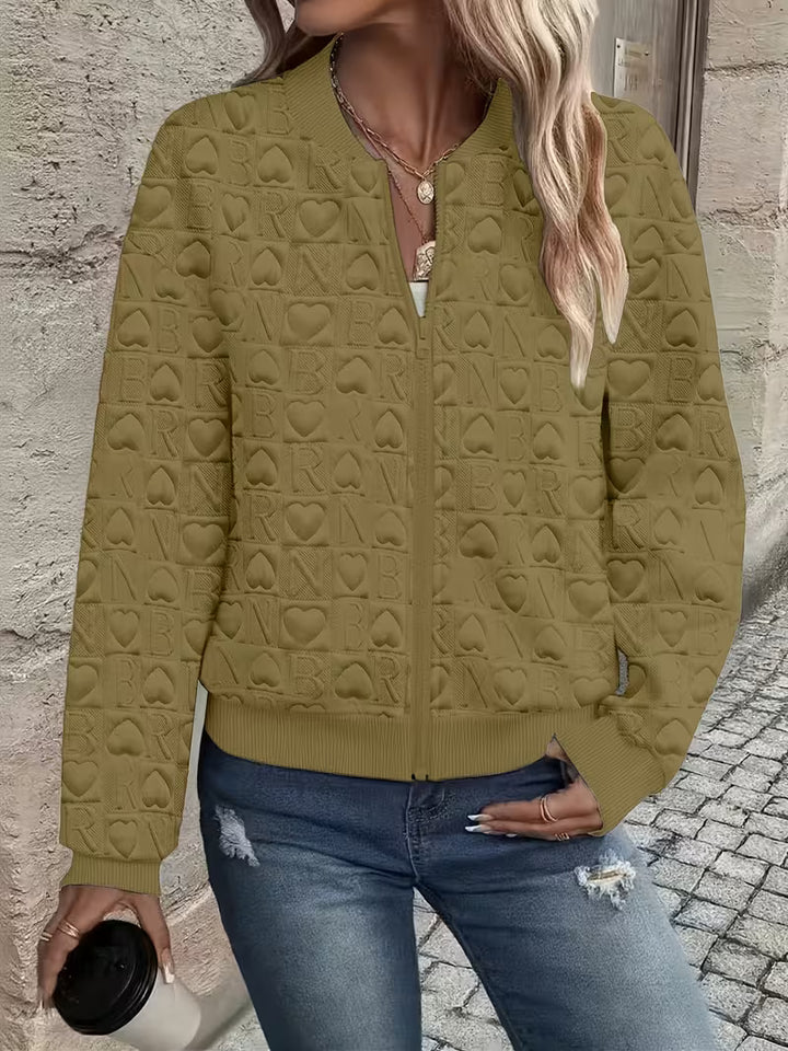 Lojina - Embossed Heart Pattern Zip-Up Jacket