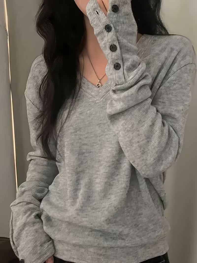 Kebina - V-neck Ribbed Button Cuff Sweater