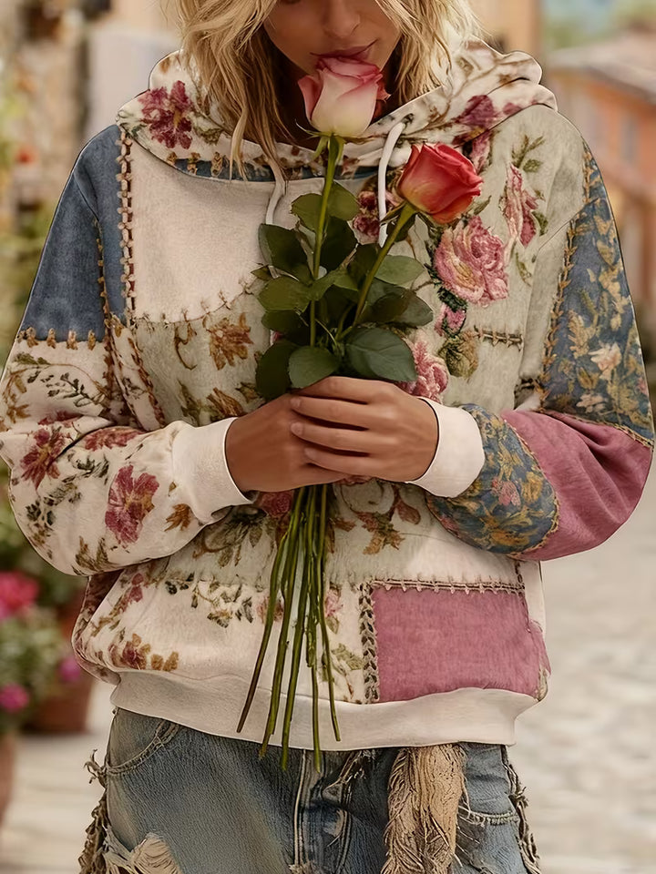 Norella - Floral Patchwork Long Sleeve Hooded Top