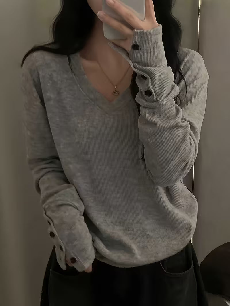 Kebina - V-neck Ribbed Button Cuff Sweater