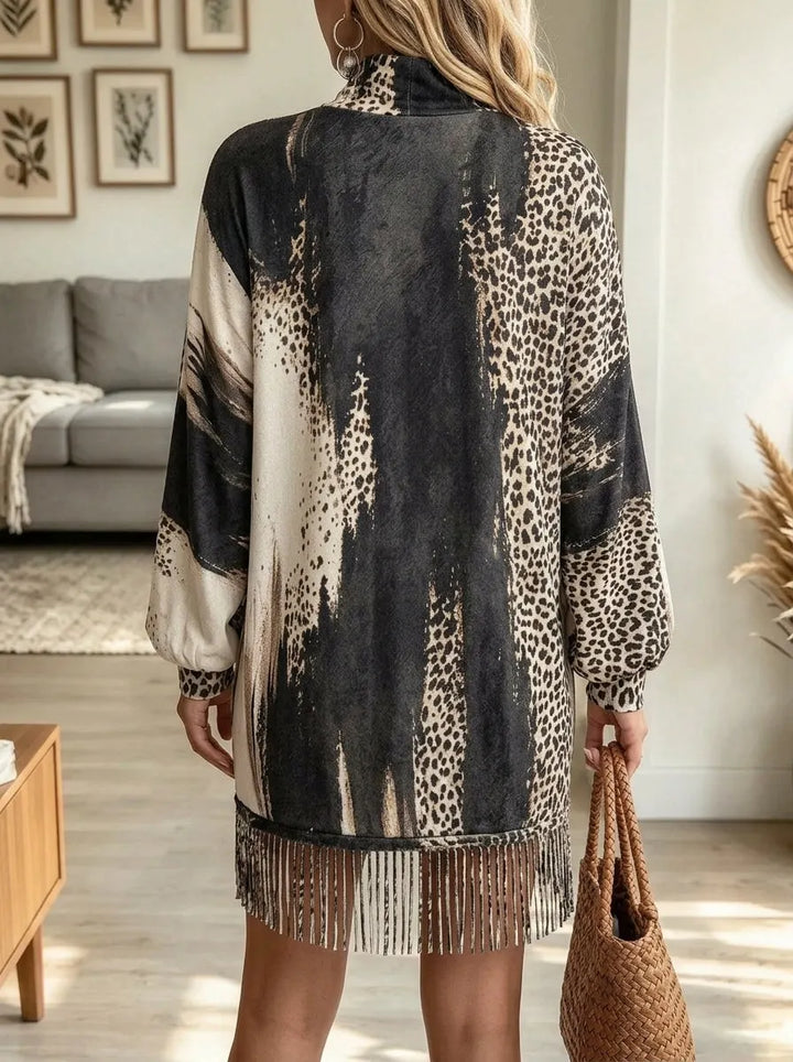 Jakisa – Fringe Hem Leopard Print Sweater Dress