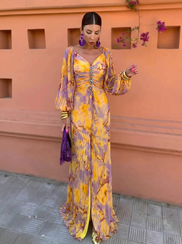 Calvillo - Long Sleeve Pleated Floral Maxi Dress
