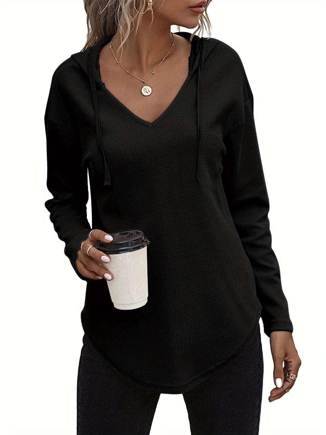 Seonie - Long Sleeve V Neck Hoodie