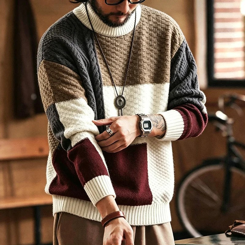 Trevon - Patchwork Cable Knit Sweater