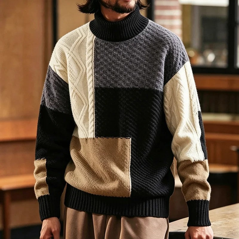 Trevon - Patchwork Cable Knit Sweater