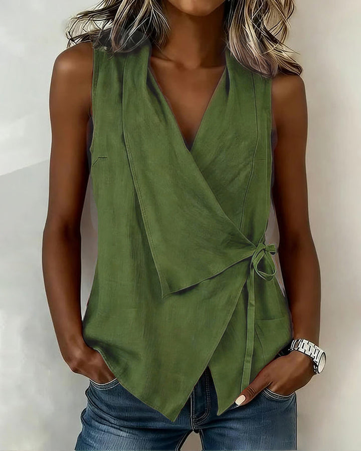 Anily - Plain Cotton-Linen Wrap Tank Top