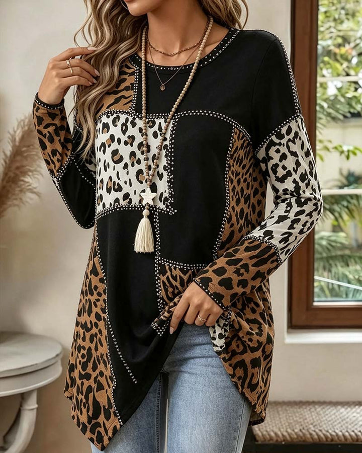 Niriza - Irregular Patchwork Leopard Print Blouse