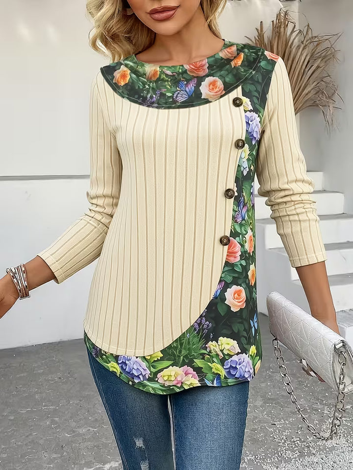Lucynda - Ribbed Long Sleeve Printed Button Detail Top