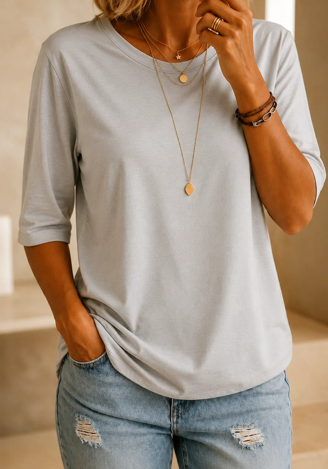 Arisa - Crew Neck Three Quarter Sleeve T-Shirt