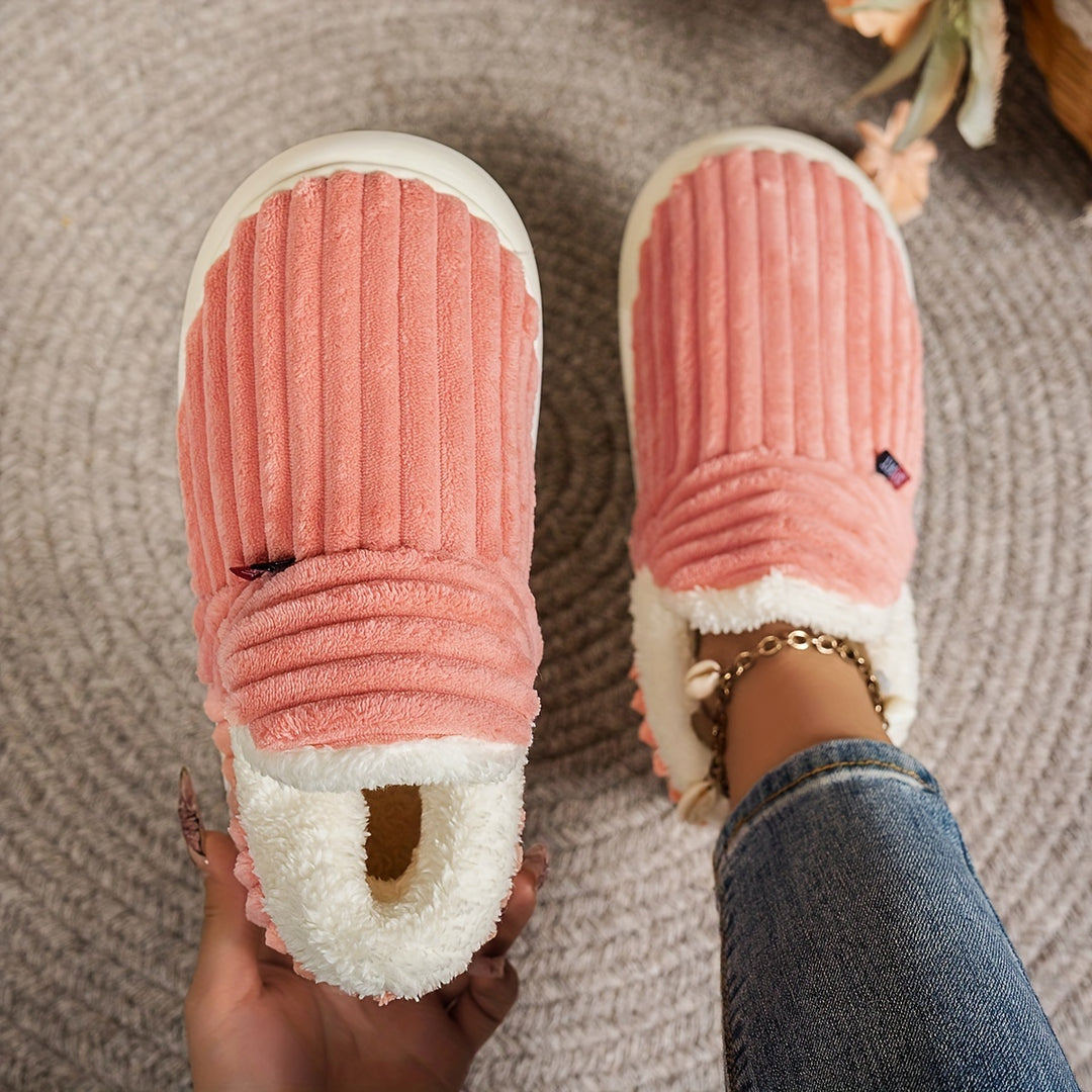 Keziban - Ribbed Slip-On Slippers With Plush Lining