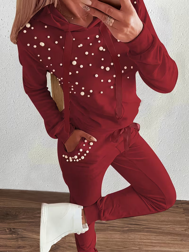 Feneila - Pearl-Embellished Hooded Two-Piece Set