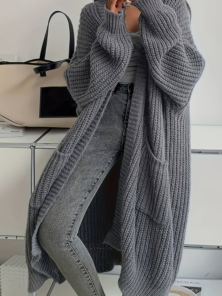 Ludivine - Cozy Open Front Long Knit Cardigan With Pocket