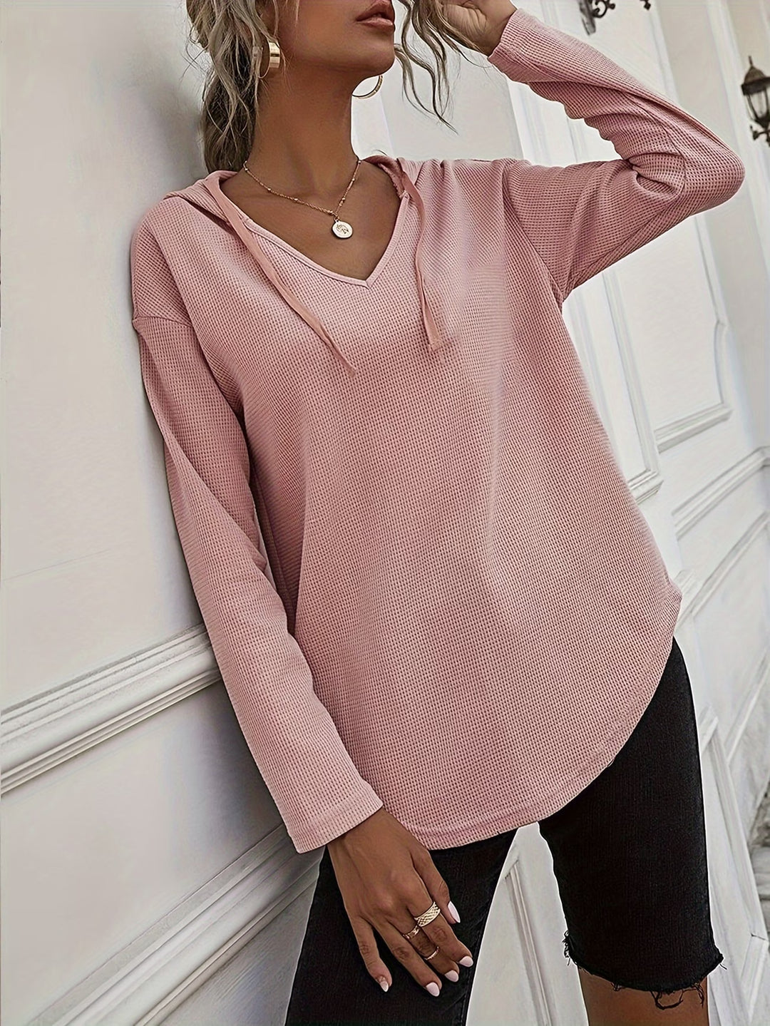 Seonie - Long Sleeve V Neck Hoodie