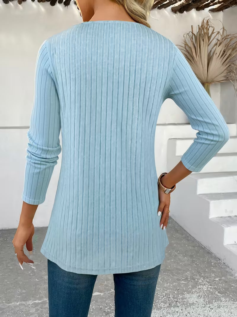 Lucynda - Ribbed Long Sleeve Printed Button Detail Top
