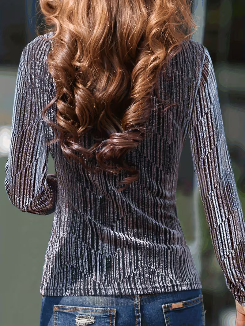 Sunija - Long Sleeve Metallic Textured Top