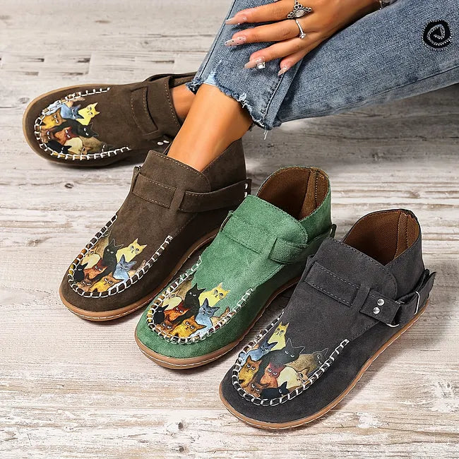 Viktoriy - Cat Print Flat Ankle Boots with Buckle