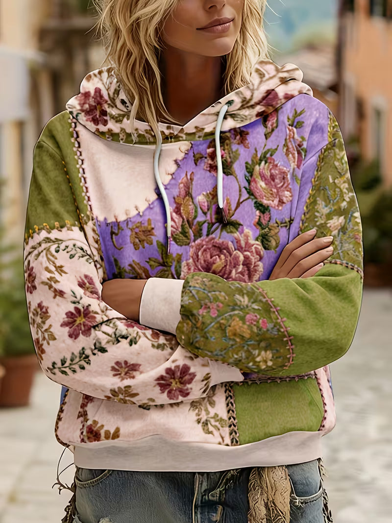 Norella - Floral Patchwork Long Sleeve Hooded Top