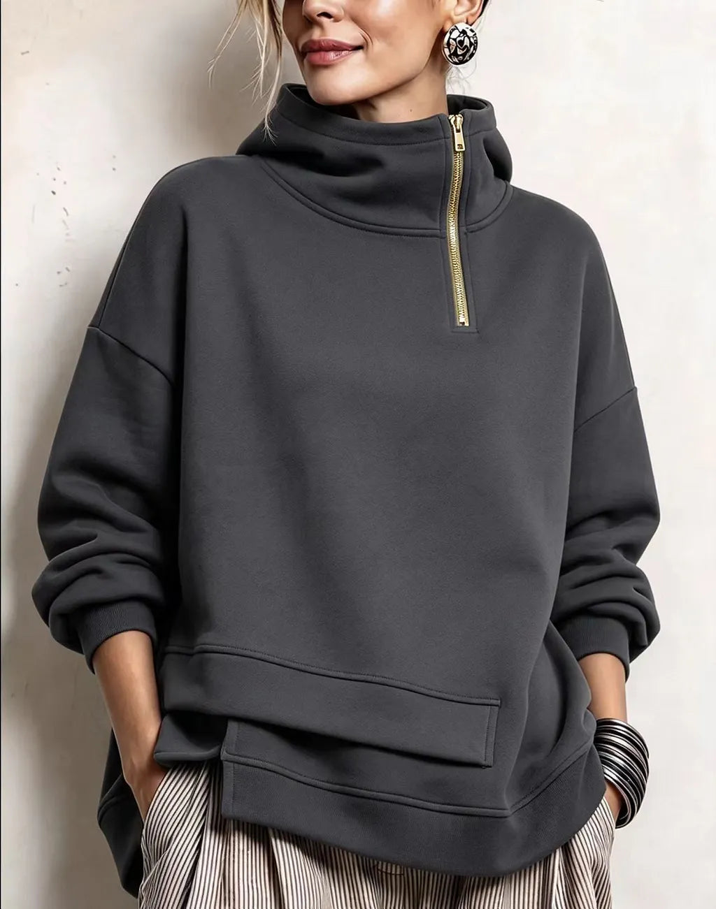 Lyona - Modern Asymmetric High-Neck Sweatshirt