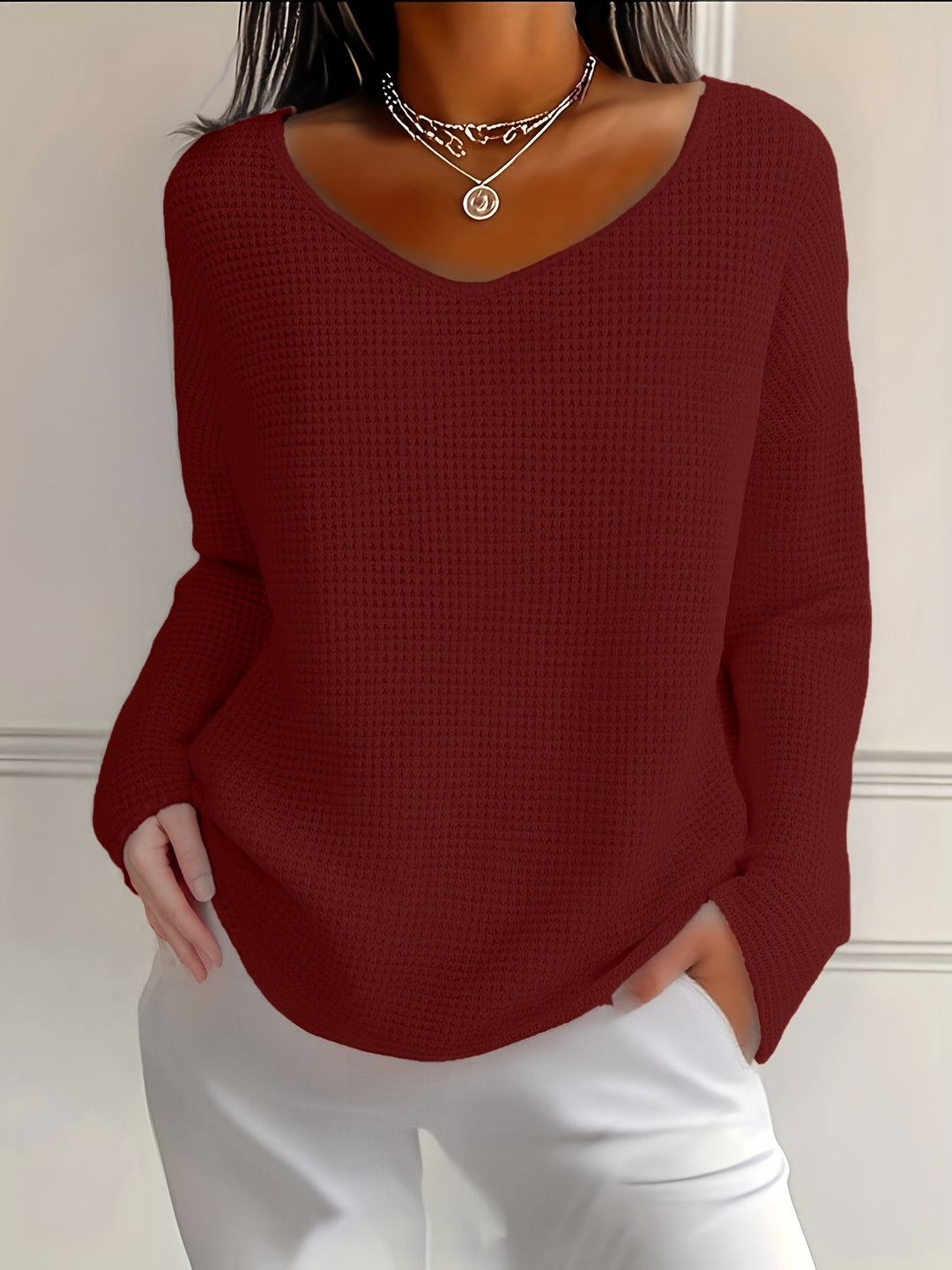 Bernice - Waffle Long Sleeve V-Neck Shirt