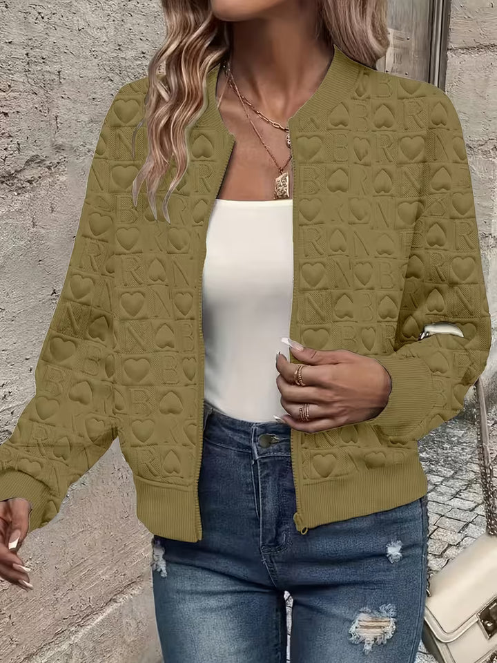 Lojina - Embossed Heart Pattern Zip-Up Jacket
