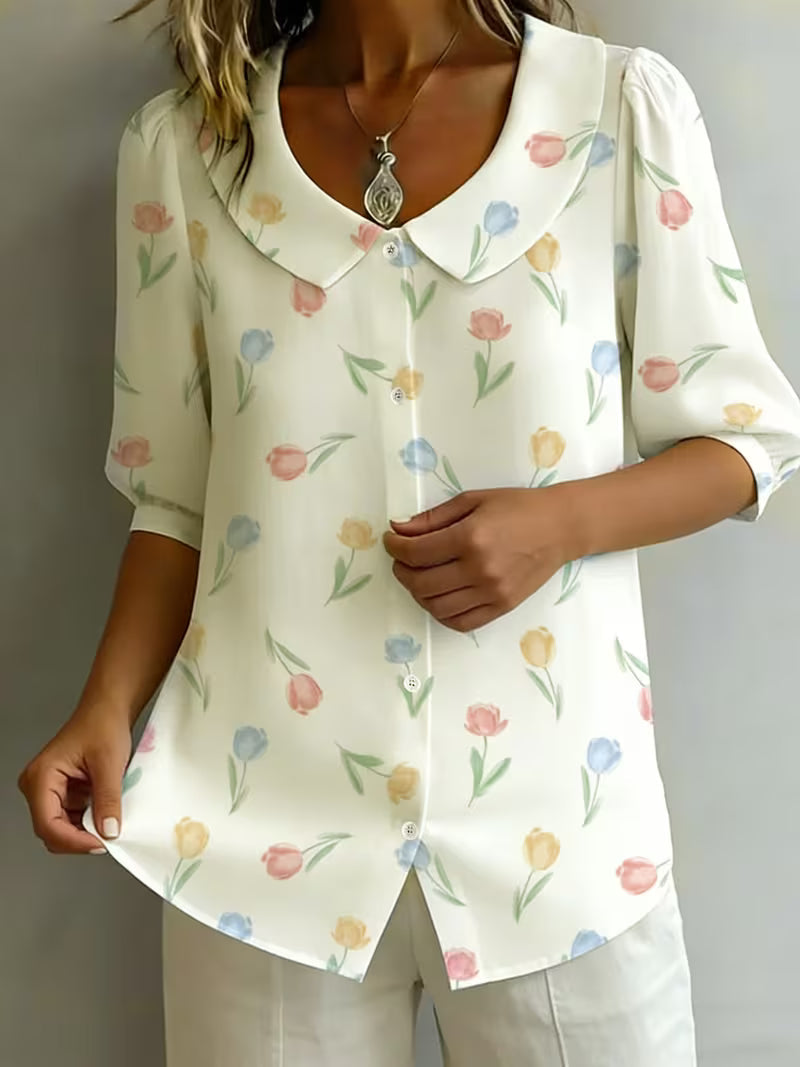 Alvique - Floral Print Collar Short Sleeve Blouse